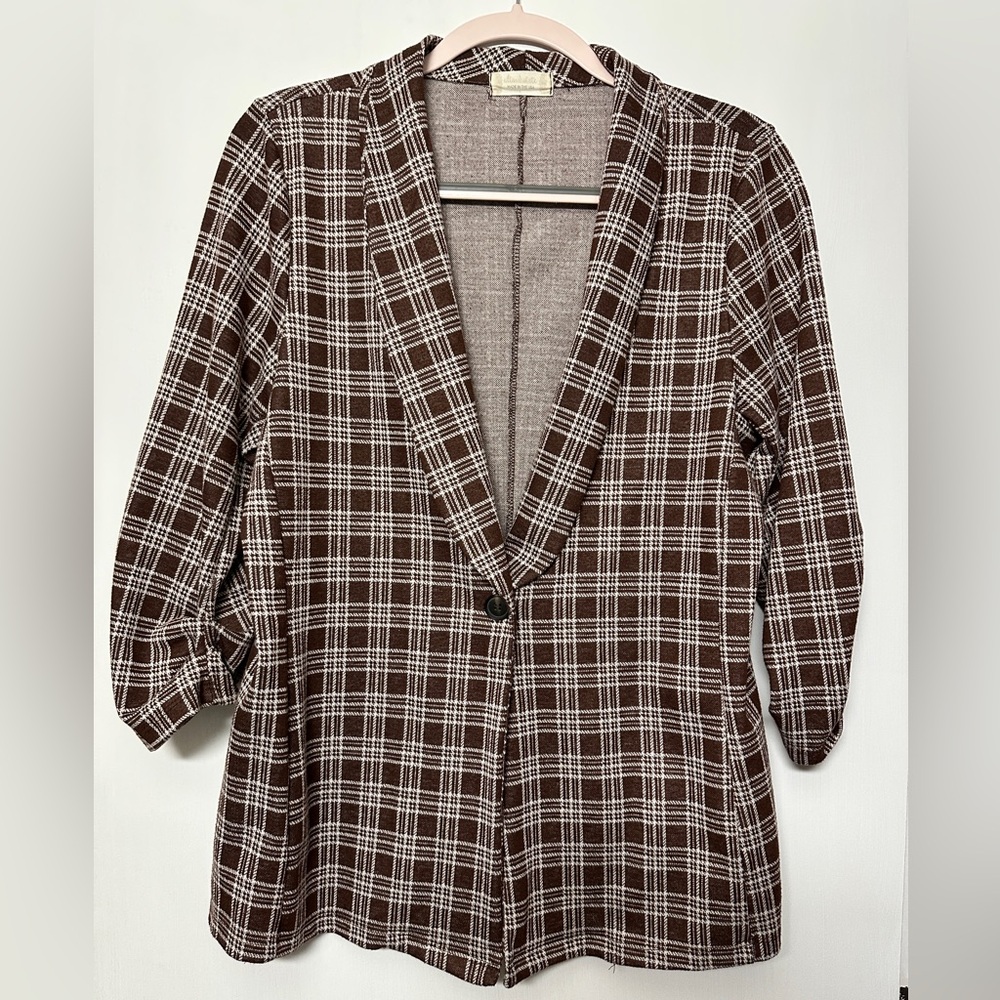 Brown & White Plaid Knit Fabric Blazer with Rolled Up Sleeves for Fall - size L